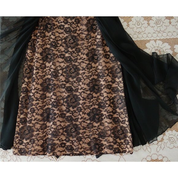 Vtg 60s Another Pettisize Jr Beige Black Lace Black Georgette Overlay Dress XS - Picture 5 of 9